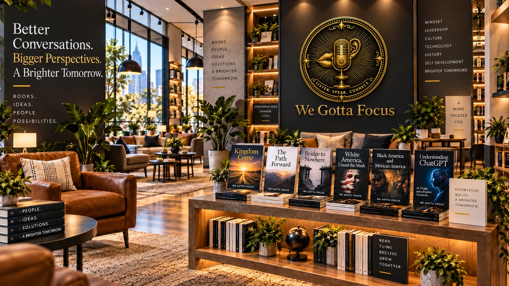 We Gotta Focus bookstore interior featuring books and the Listen, Speak, Connect seal
