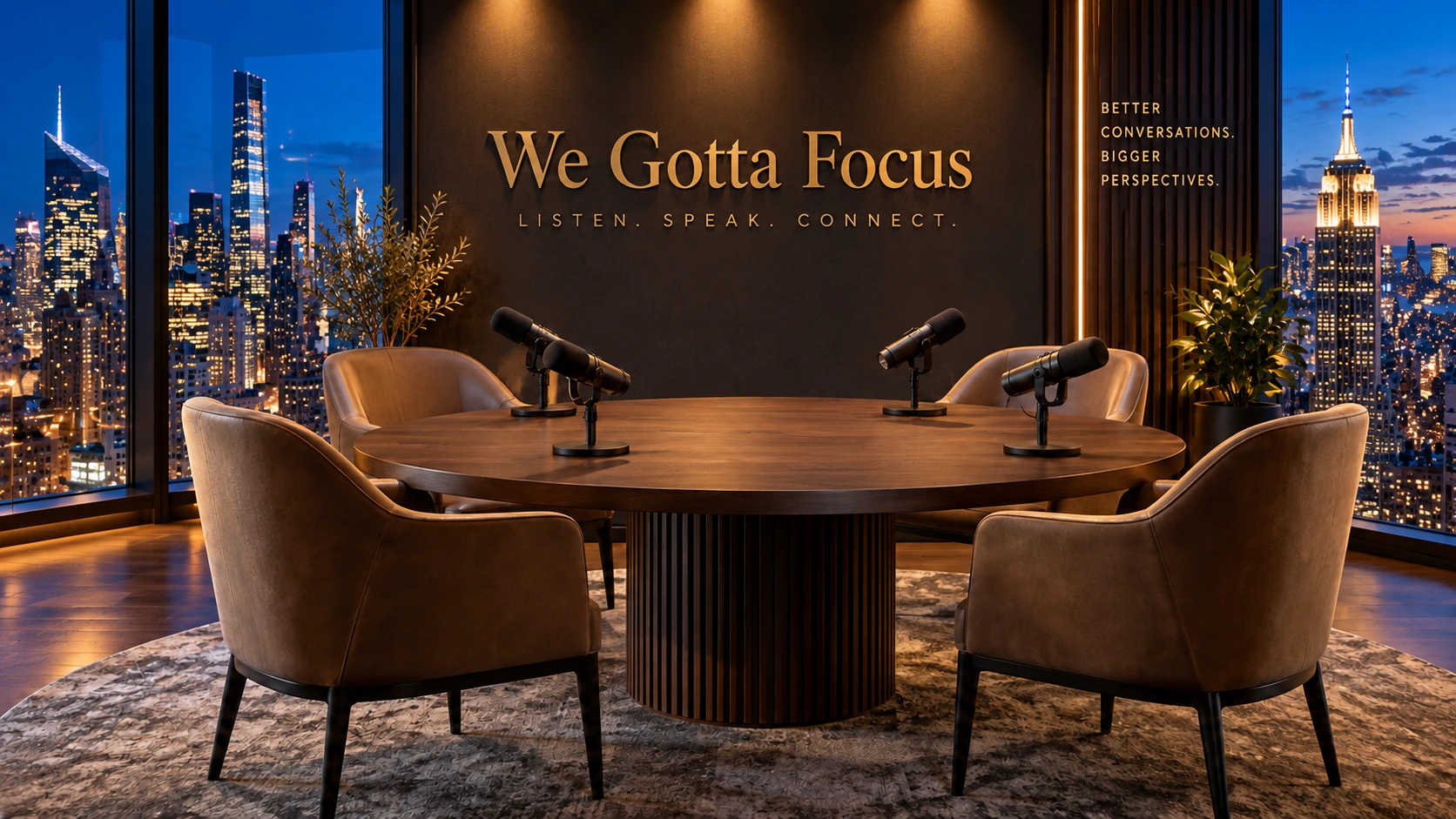 A We Gotta Focus conversation table overlooking the city skyline at dusk