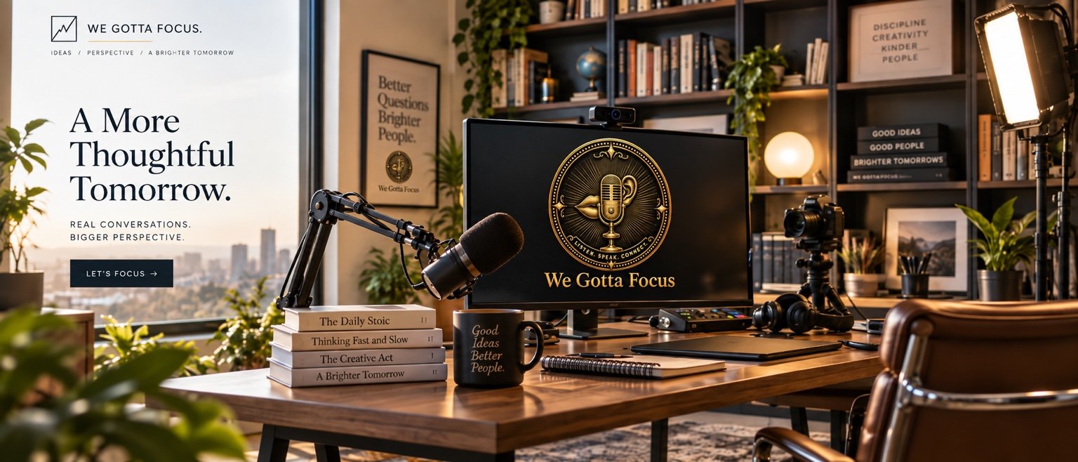 We Gotta Focus creative studio with books, microphone, camera, and the We Gotta Focus emblem